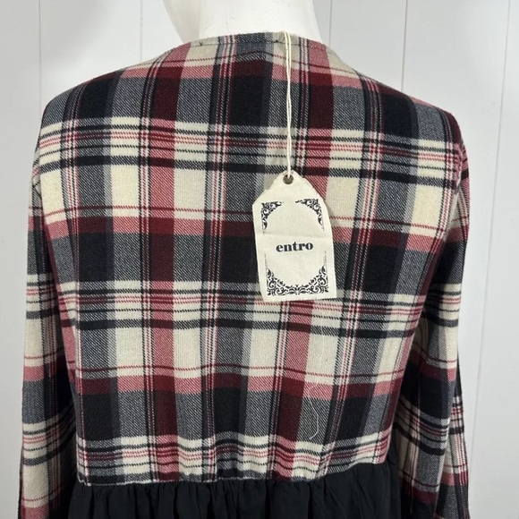 NWT Entro Sz M Women's Plaid Long Sleeve Tunic Top Boho Multicolor Front Tie - Picture 6 of 11